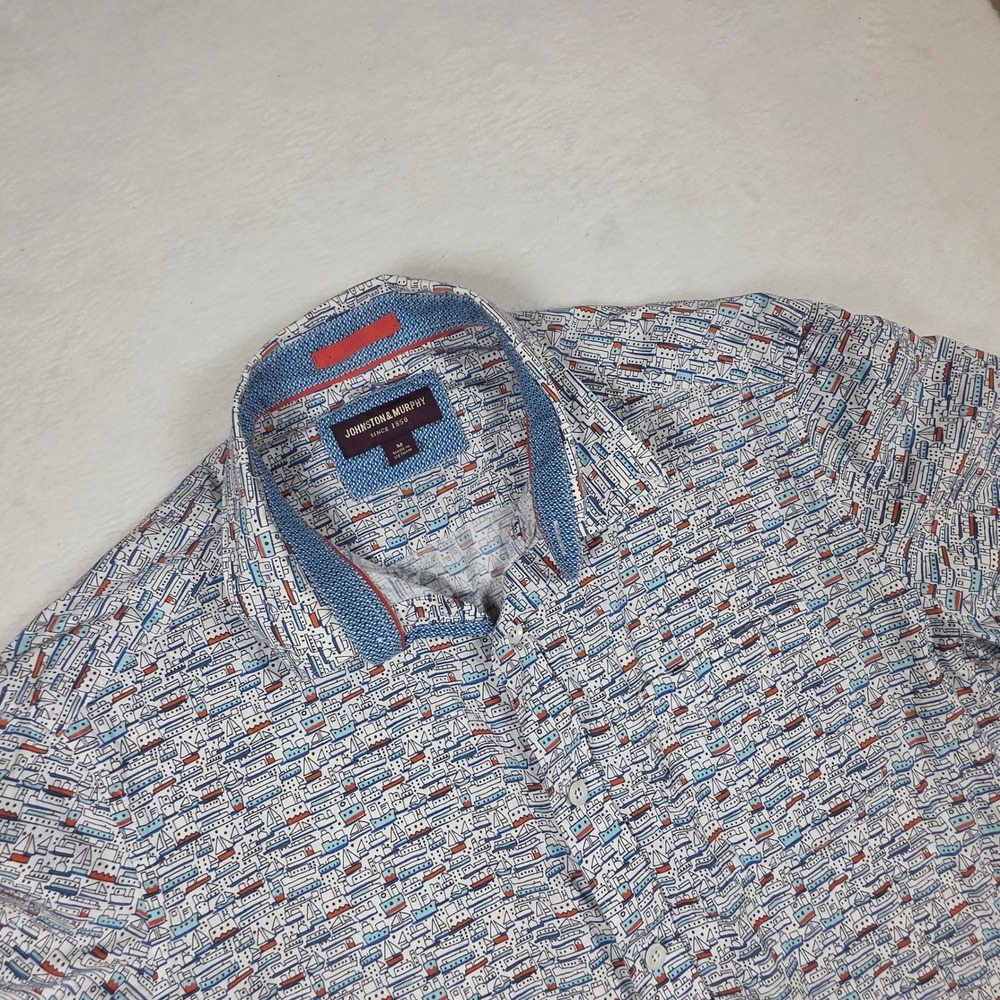 Johnston & Murphy Mens Medium Nautical Boat Print Short Sleeve Button Down Shirt